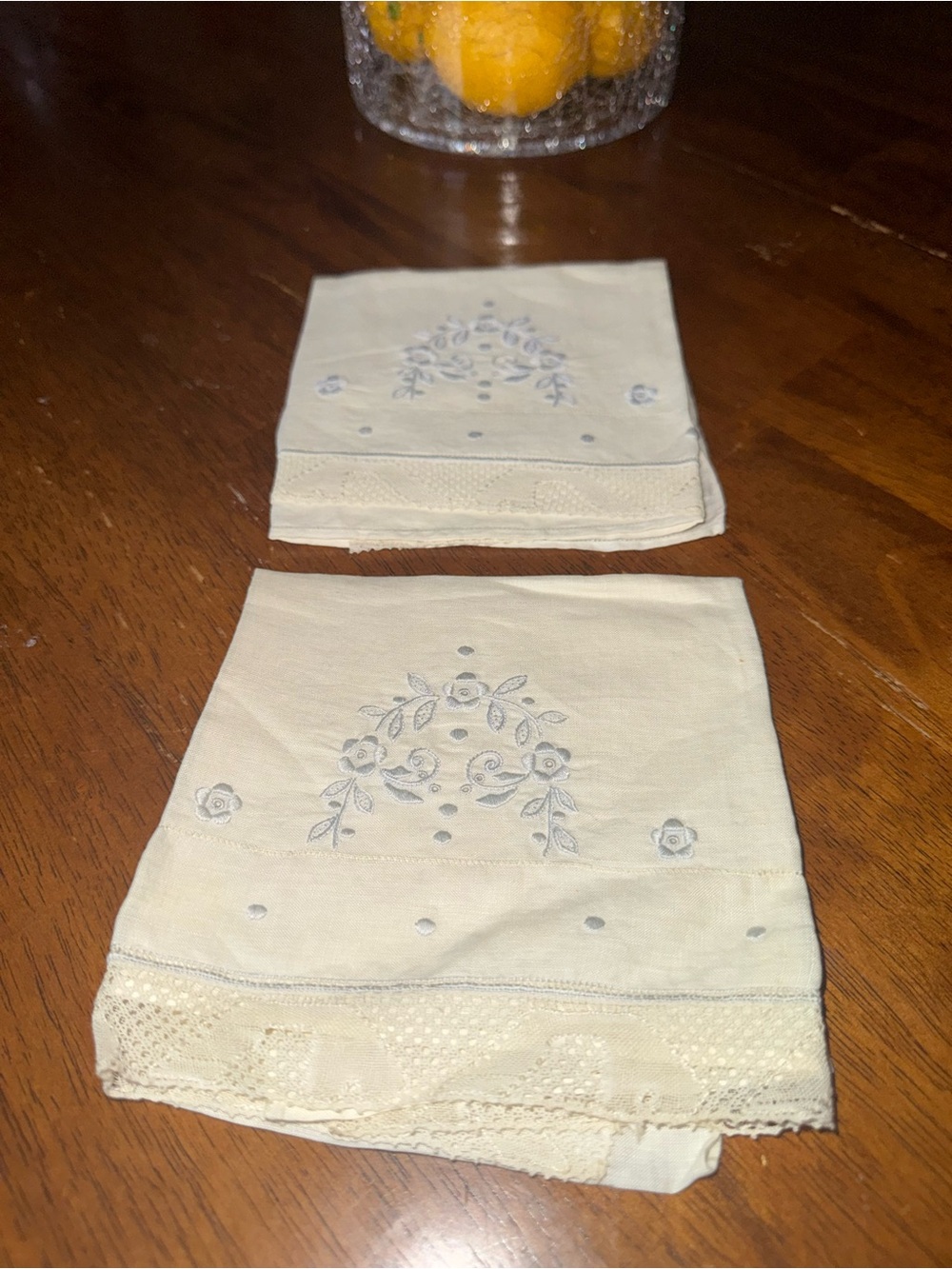 2 Vintage White Blue Floral Hand Embroidered Linen Lace Large Doily Tabletop